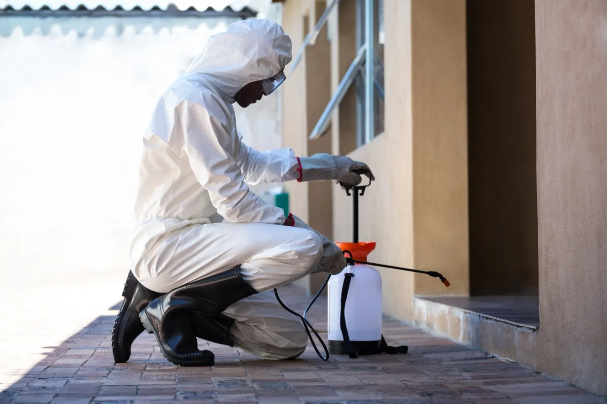 Technician kneeling to apply a perimeter treatment along a home foundation