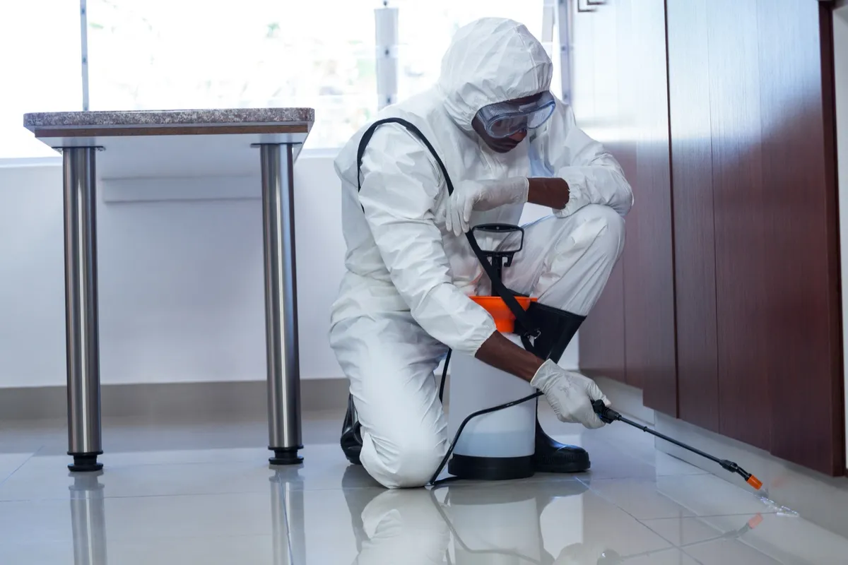 Technician in protective gear treating under kitchen cabinets