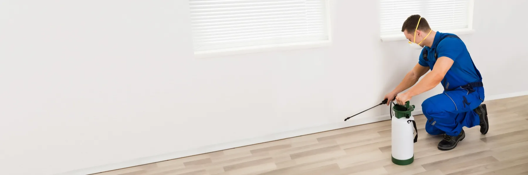 Technician performing an interior pest control treatment along a wall