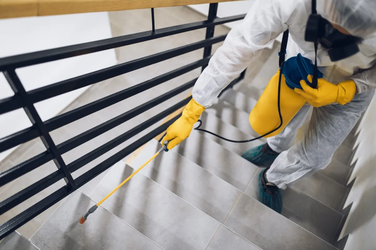 Technician treating a community stairwell with a low pressure sprayer
